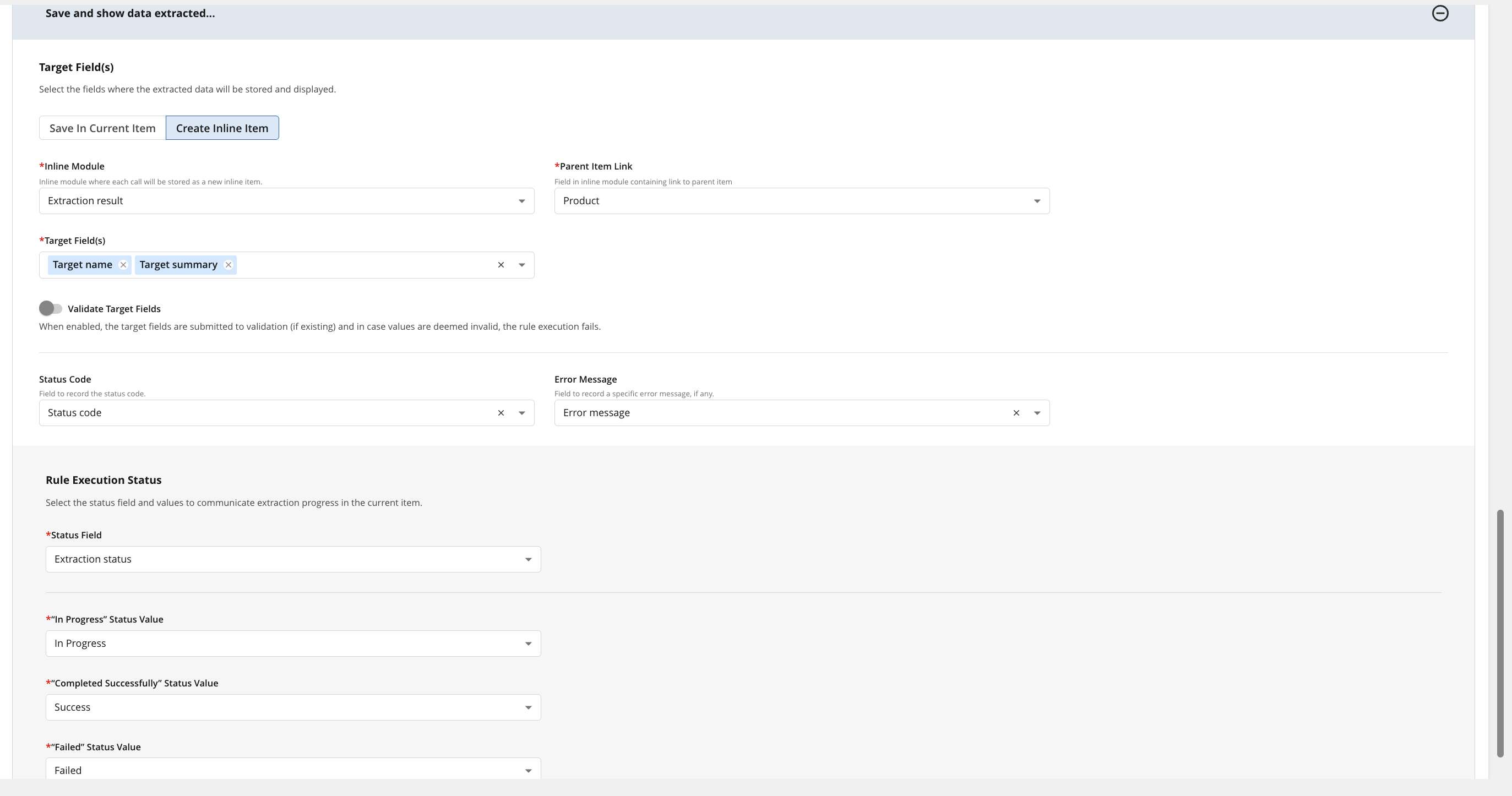 Form fields for data extraction with options for status and error messages.
